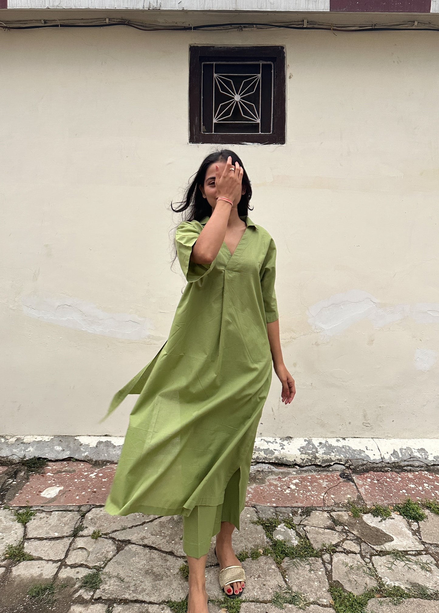 V neck green co-ord set